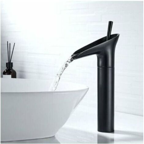 Robinet de lavabo noir à bec cascade – Finition en laiton poli à l'huile – Économie d'eau 30% – Installation facile avec raccords flexibles