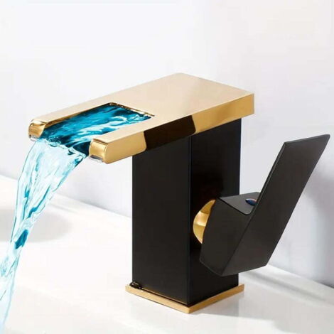 Robinet de lavabo noir et or avec éclairage LED, mitigeur monotrou, poignée unique