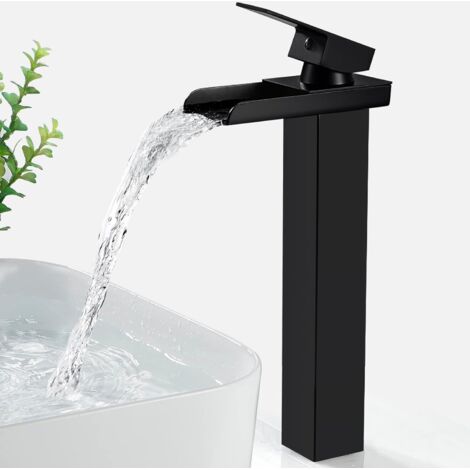 Robinet de lavabo noir mat, robinet de salle de bain à haute cascade avec bec ouvert
