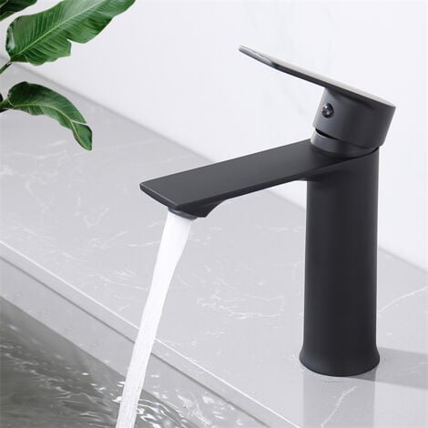 Robinet de Lavabo Noir Mitigeur Salle de Bain Monotrou Mélangeur l'eau Chaude et Froide pour Salle de Bain en Acier Inox