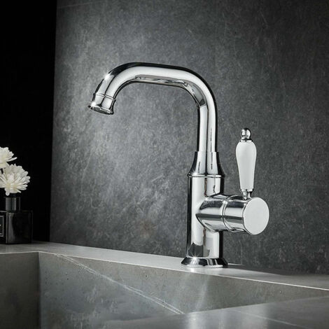 Robinet de lavabo pivotant : Corps en laiton, poignée en céramique, bec pivotant à 360°, finition argentée électroplaquée