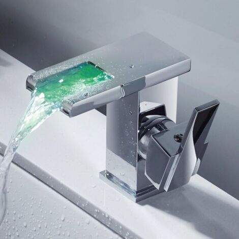 Robinet de lavabo pour salle de bain avec lumière LED cascade, mitigeur de salle de bain en laiton et verre, robinetterie eau froide et eau chaude