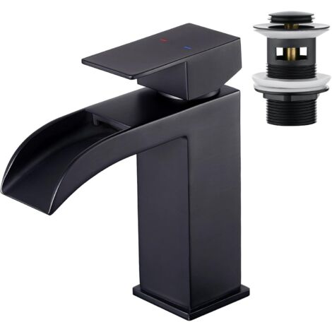 Robinet de Lavabo pour Salle de Bain cascade rectangulaire et Bonde Pop Up avec Trop Plein, Robinet Mitigeur Monocommande de Salle de Bain Carré en Acier Inoxydable Noir Mat.