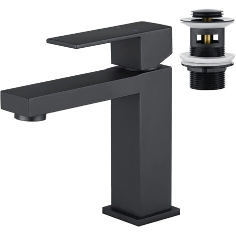Robinet de Lavabo pour Salle de Bain et Bonde Pop Up avec Trop Plein, Robinet Mitigeur Monocommande de Salle de Bain Carré en Acier Inoxydable Noir Mat.