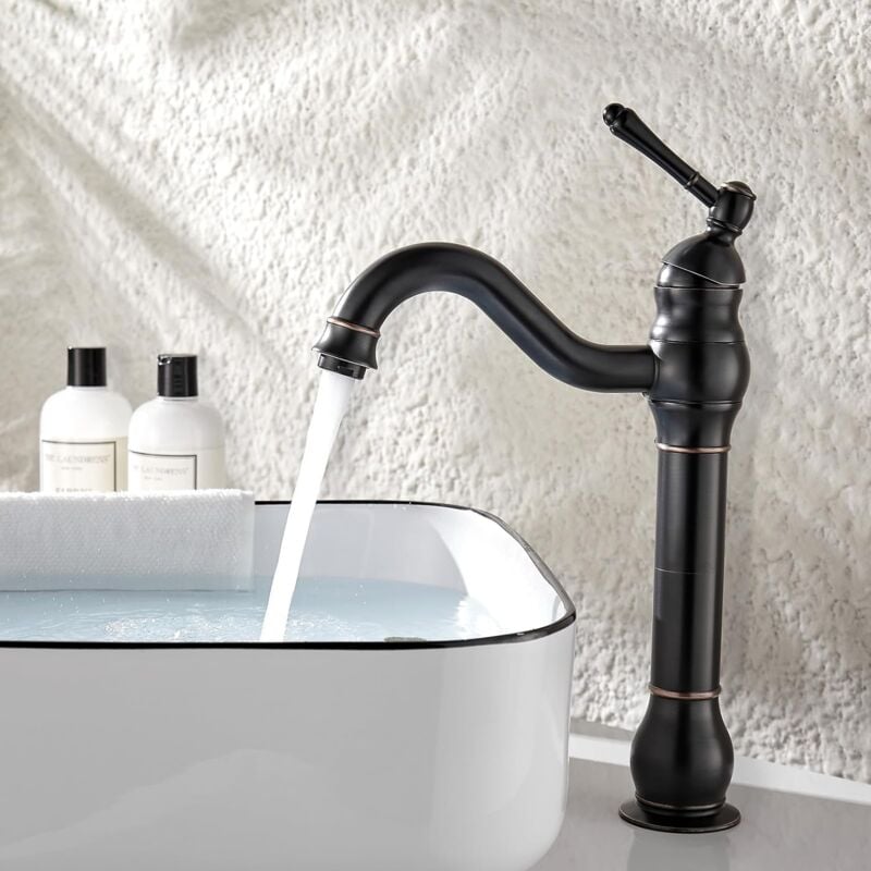 Jn.songs - Robinet de Lavabo Rétro, Robinet Salle de Bain en Laiton Bronzé, Mitigeur de Lavabo Pivotant à 360° - Noir 30cm