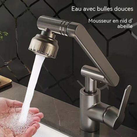 Robinet de Lavabo Rotatif à 1080°, Mitigeur Eau Froide et Chaude, Style "Chat Porte-Bonheur", Gris Gun Métal, pour Salle de Bain et Cuisine
