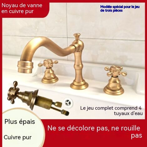Robinet de Lavabo Sépare en 3 Pièces, Style Rétro Français, Cuivre Massif, Rotatif, Mitigeur Eau Froide et Chaude, Or Antique