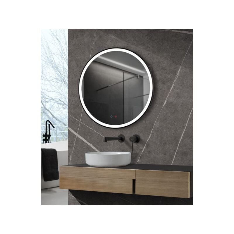 Miroir avec éclairage led pour salle de bain, chambre, dressing rond, éclairage frontal tri-LED double capteur antibuée ø 60 cm Noir Mat
