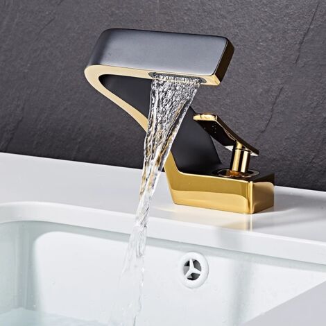 Robinet de lavabo tout cuivre, design luxueux doré avec effet cascade créatif, robinet monotrou pour lavabo, eau chaude et froide.
