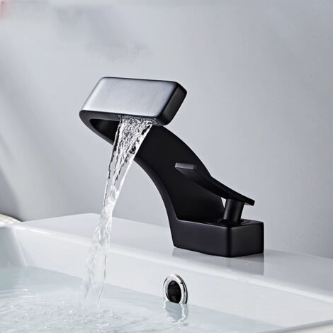 Robinet de lavabo tout cuivre, design luxueux doré avec effet cascade créatif, robinet monotrou pour lavabo, eau chaude et froide.