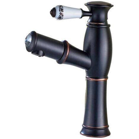 Robinet de lavabo vintage en bronze noir avec douchette extractible, mitigeur à levier unique, poignée en céramique pour salle de bain