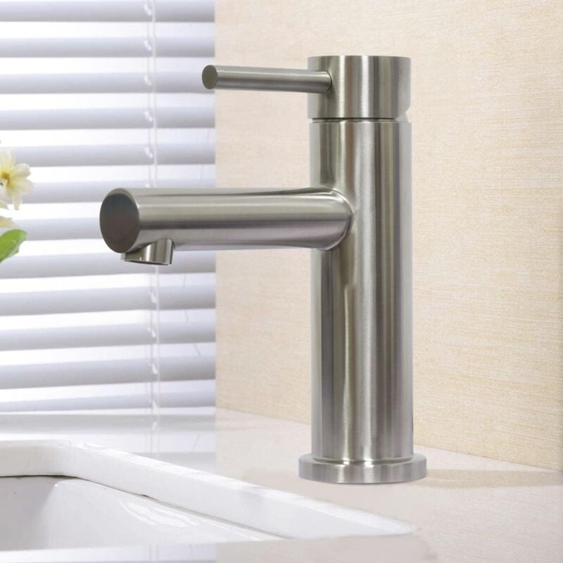 Robinet de lave-mains Mitigeur De Lavabo Monotrou En Acier Inoxydable, Chaud Et Froid, Finition Brossée