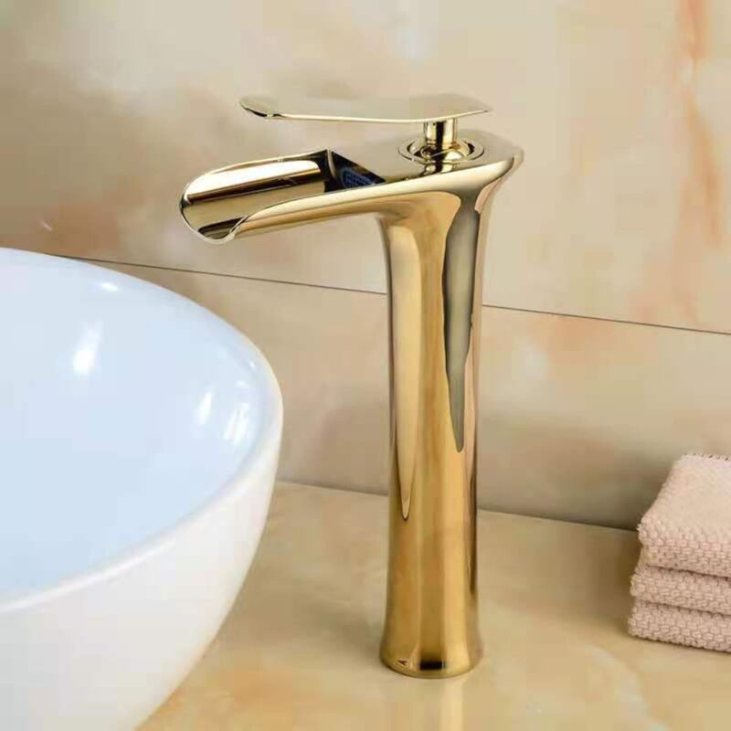 Robinet de lave-mains Robinet de lavabo cascade doré, robinet de lavabo chaud et froid en cuivre, bec de cascade, poignée unique, robinet de lavabo