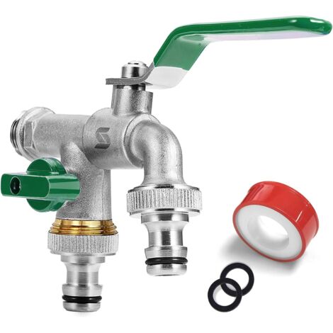 Robinet de machine à laver Robinet extérieur Robinet Double de Jardin ,robinet avec 2 sorties 3/4" - Entrée 1/2", 1 bande d'étanchéité à rouleau, double raccord et embout de tuyau pour jardin, citerne
