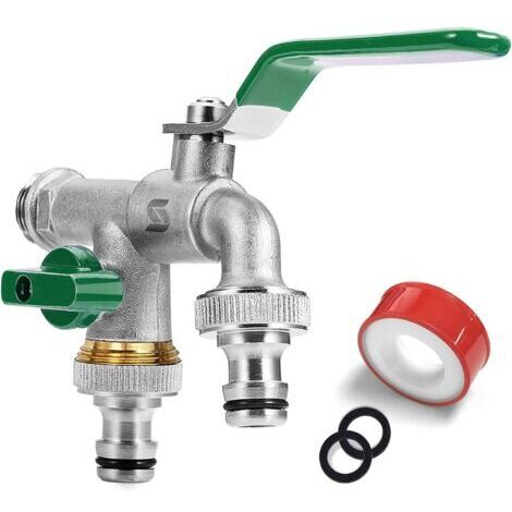 Robinet de machine à laver Robinet extérieur Robinet Double de Jardin ,robinet avec 2 sorties 3/4" - Entrée 1/2", 1 bande d'étanchéité à rouleau, double raccord et embout de tuyau pour jardin, citerne