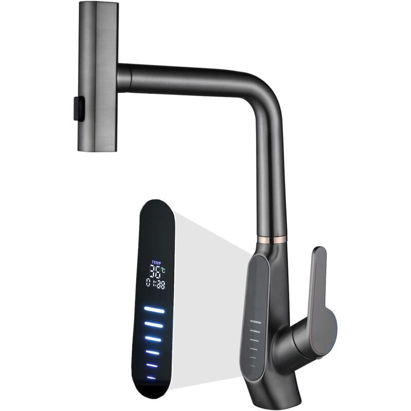 Robinet de mélange d'évier de cuisine en cascade avec pulvérisateur extractible, robinet d'évier de cuisine à 3 modes, rotation à 360 °, affichage