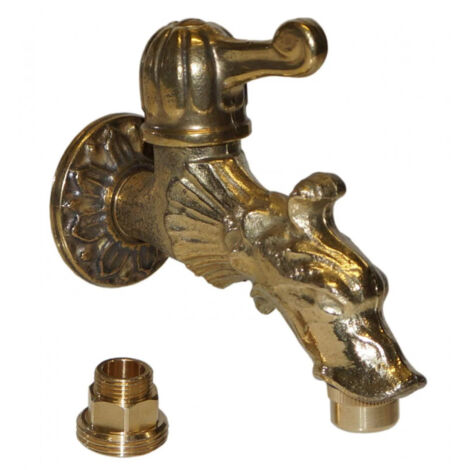 Robinet de puisage à manette tête de dragon – Laiton poli – Diamètre d'entrée 15x21 mm – Adaptateur de bec 20x27 mm – Hauteur 112 mm
