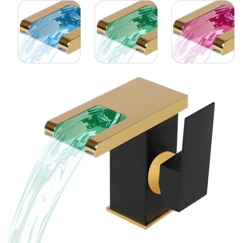 Robinet de salle de bain à LED cascade - 3 couleurs - Verre - Bec cascade - Robinet de lavabo pour salle de bain (noir + doré)