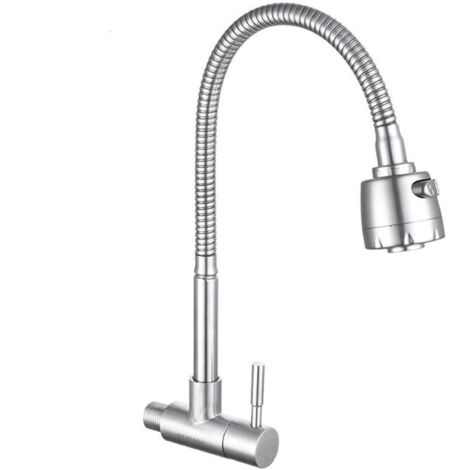 Robinet de salle de bain Acier Inox Brossé Robinet Mural pour Eau Froide à Ressort Mitigeur de Cuisine Mémoire de Forme Mitigeur d'Evier Simple en