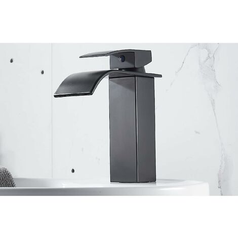 Robinet de salle de bain avec bec cascade - Noir mat - 1 trou - En acier inoxydable - 100 % sans plomb