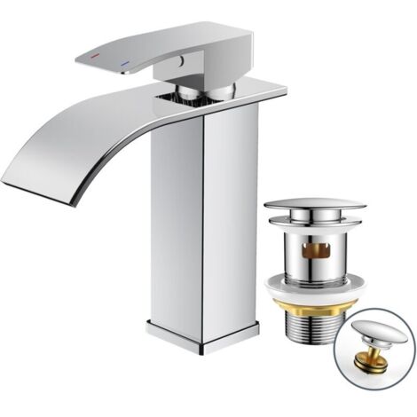 Robinet de Salle de Bain avec Bonde de Vidage, Mitigeur Lavabo Cascade, Hauteur de Bec 110 mm, Économiseur d'eau et d'énergie, Finition Chromée