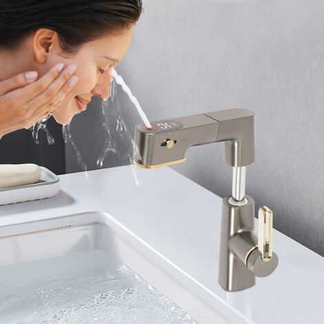 Robinet de salle de bain avec douchette extractible, robinet de lavabo à 3 jets, mitigeur monocommande pivotant à 360°, mitigeur de salle de bain en laiton, hauteur réglable (gris)