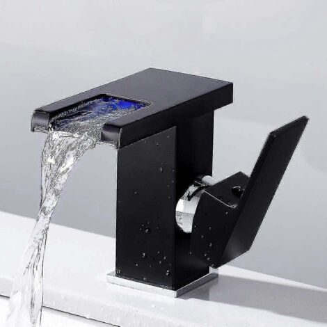 Robinet de salle de bain avec éclairage LED effet cascade, noir