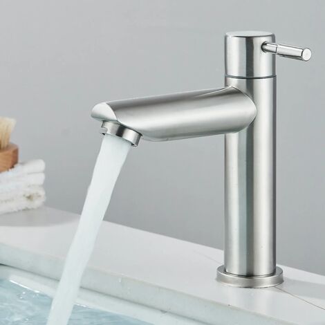 Robinet de Salle de Bain brossé Eau Froide Uniquement, Robinet Lave Main Eau Froide pour WC, Robinet Lavabo Eau Froide en Acier Inox