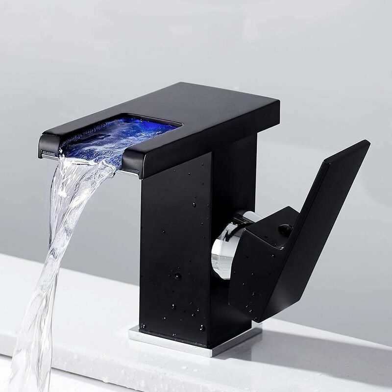 Robinet de salle de bain cascade LED noir robinet de lavabo cascade de comptoir cascade chaude et froide (noir)