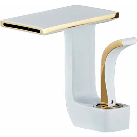 Robinet de Salle de Bain Cascade Moderne - JINFGERNE - Mitigeur à Levier Unique pour Eau Chaude et Froide (Blanc + Or), Design Anti-Éclaboussures et Installation Facile