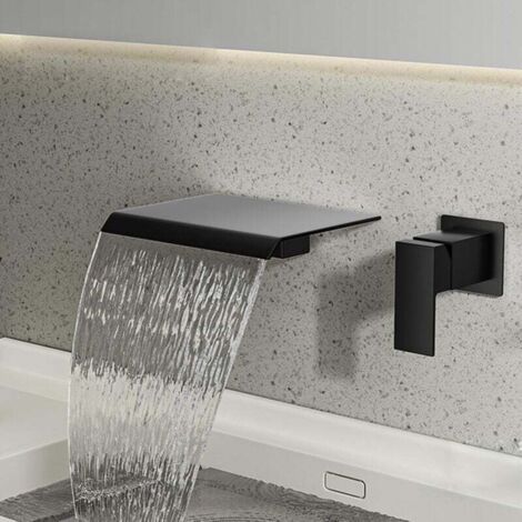 Robinet de salle de bain cascade mural, mitigeur monocommande cascade, robinet de lavabo à poser, eau chaude et froide, ultra-mince, cuivre massif, noir