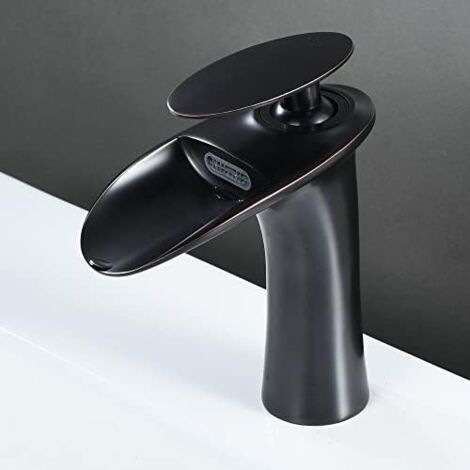 Robinet de salle de bain cascade noir – Mitigeur de lavabo en laiton brossé – Installation mono-trou – Aérateur pour jet doux