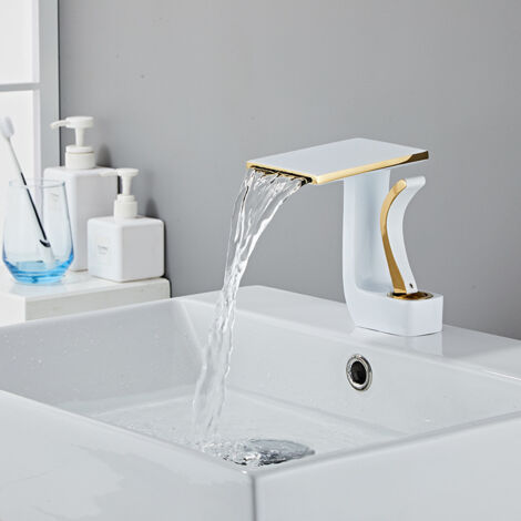 Robinet de salle de bain cascade , poignée unique en laiton , robinet de lavabo d'eau chaude et froide , or blanc