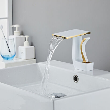 Robinet de salle de bain cascade , poignée unique en laiton , robinet de lavabo d'eau chaude et froide , or blanc