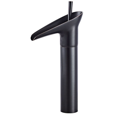 Robinet de salle de bain cascade vintage noir en laiton – Monocommande – Bec cascade pour débit doux – Flexible inclus – Hauteur 31 cm – Ideko