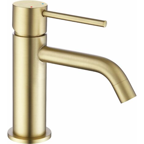 Robinet de salle de bain doré brossé à trou unique, robinet de lavabo à levier unique en laiton avec tuyau d'alimentation, robinet mitigeur de lavabo doré
