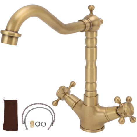 Robinet de Salle de Bain Double Poignée Laiton Antique Européen, Robinet de Cuisine avec Croisillon, Mitigeur Eau Chaude Froide