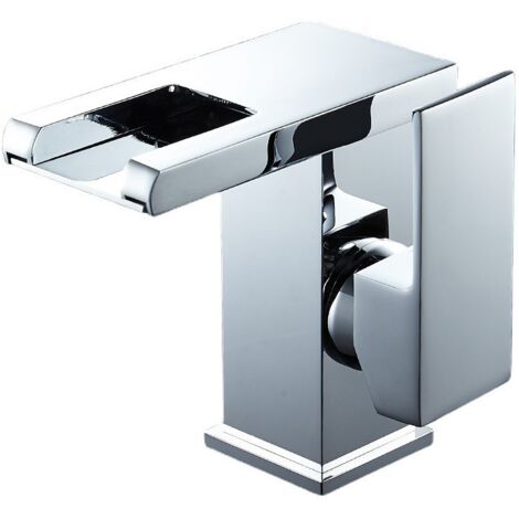 Robinet de salle de bain - Eau chaude et froide - LED à changement de couleur - Bec large cascade - Chrome - Hauteur 12,5 cm