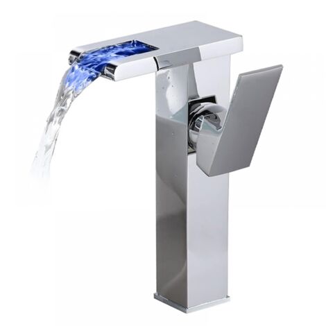Robinet de salle de bain - Eau chaude et froide - LED à changement de couleur - Bec large cascade - Chrome - Hauteur 24 cm