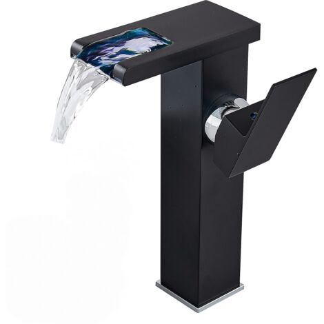 Robinet de salle de bain - Eau chaude et froide - LED à changement de couleur - Bec large cascade - Noir - Hauteur 24 cm