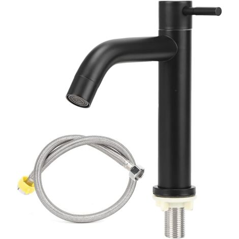 Robinet de salle de bain en acier inoxydable, robinet d'eau froide à levier unique (noir), tuyau de 60 cm