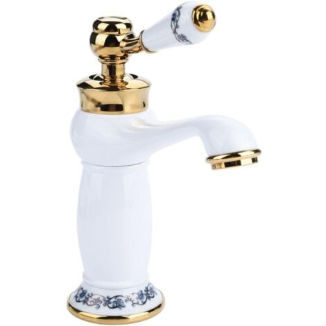 Robinet de salle de bain en laiton antique, en céramique, bleu et blanc, en porcelaine, style floral vintage, mitigeur à poignée unique, eau froide et chaude, robinet en bronze (Branco)