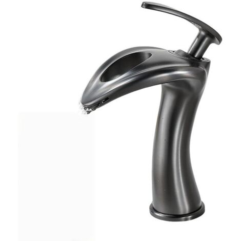 Robinet de salle de bain en laiton, style cascade, bec étroit, poignée unique, un seul trou, avec interrupteur eau chaude/eau froide (gris).