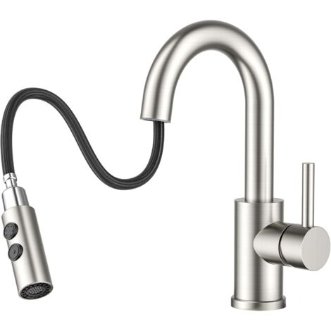 Robinet de salle de bain haute douchette extensible, rotatif à 360°, en acier inoxydable, mitigeur eau chaude/froide, montage facile pour salle de bain, cuisine, petit camping-car