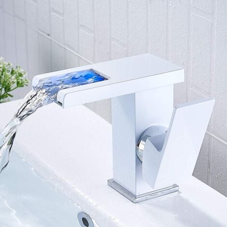 SNQ Robinet de salle de bain LED à cascade, robinet cascade lumineux, Robinet de lavabo de salle de bain eau chaude et froide blanc