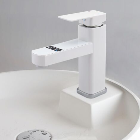 Robinet de salle de bain - LED numérique Mélangeur de lavabo Salle de bain Mitigeur G1/2 pouces Interface Robinetterie de lavabo (Blanc)