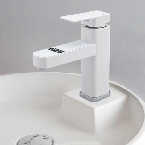 Robinet de salle de bain - LED numérique Mélangeur de lavabo Salle de bain Mitigeur G1/2 pouces Interface Robinetterie de lavabo (Blanc)