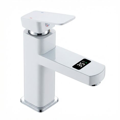 Robinet de salle de bain LED température digital pour lavabo monocommande Blanc
