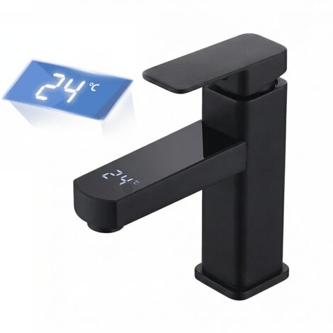 Robinet de salle de bain LED température digital pour lavabo monocommande Noir