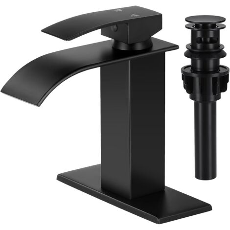 Robinet de salle de bain Matte Black waterfall robinet d'évier de salle de bain robinet de salle de bain moderne à une poignée pour robinet mxier 1 ou 3 trous avec pont, tuyau de vidange et tuyau d'al
